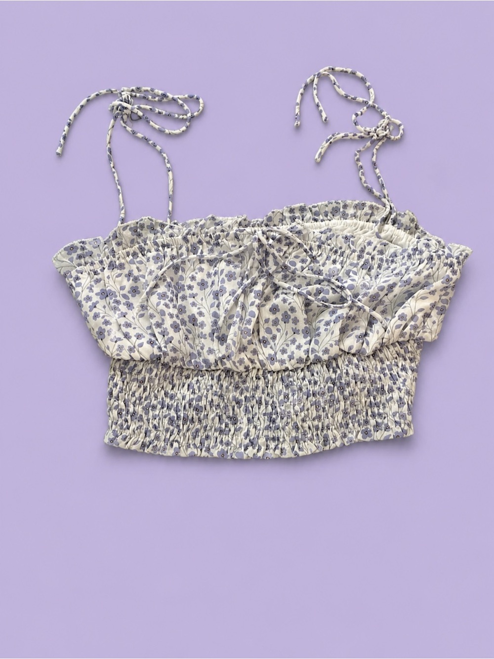 Princess Polly Smocked Floral Crop Top with Tie Straps - Cream & Lavender